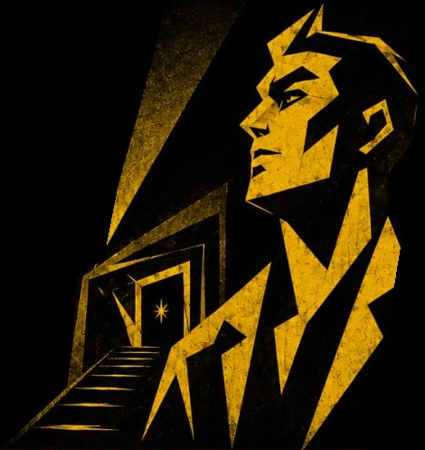 Textured gold geometric character beside a doorway and stairs